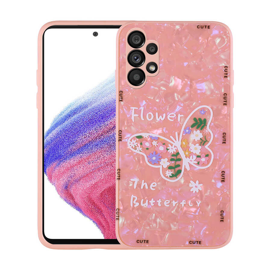 Galaxy Uyumlu A13 4G Kılıf Desenli Sert Silikon Zore Mumila Kapak-Pink flower