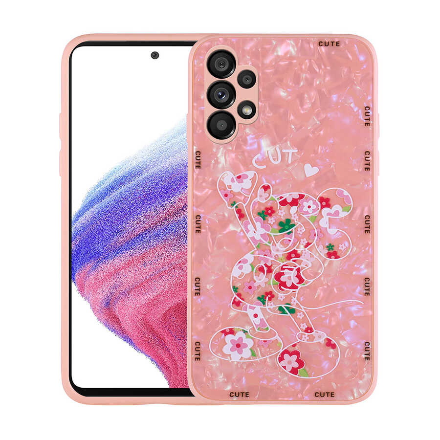 Galaxy Uyumlu A13 4G Kılıf Desenli Sert Silikon Zore Mumila Kapak-Pink mouse