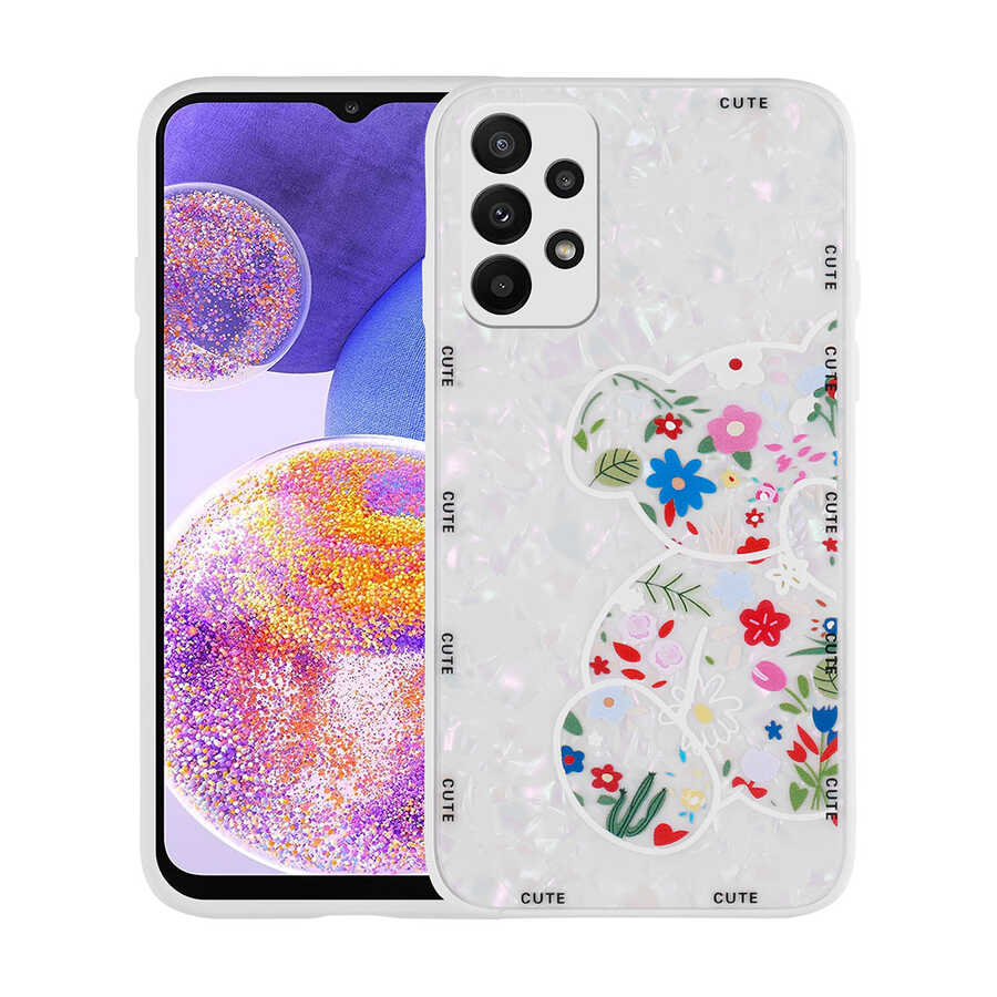 Galaxy Uyumlu A23 Kılıf Desenli Sert Silikon Zore Mumila Kapak-White bear