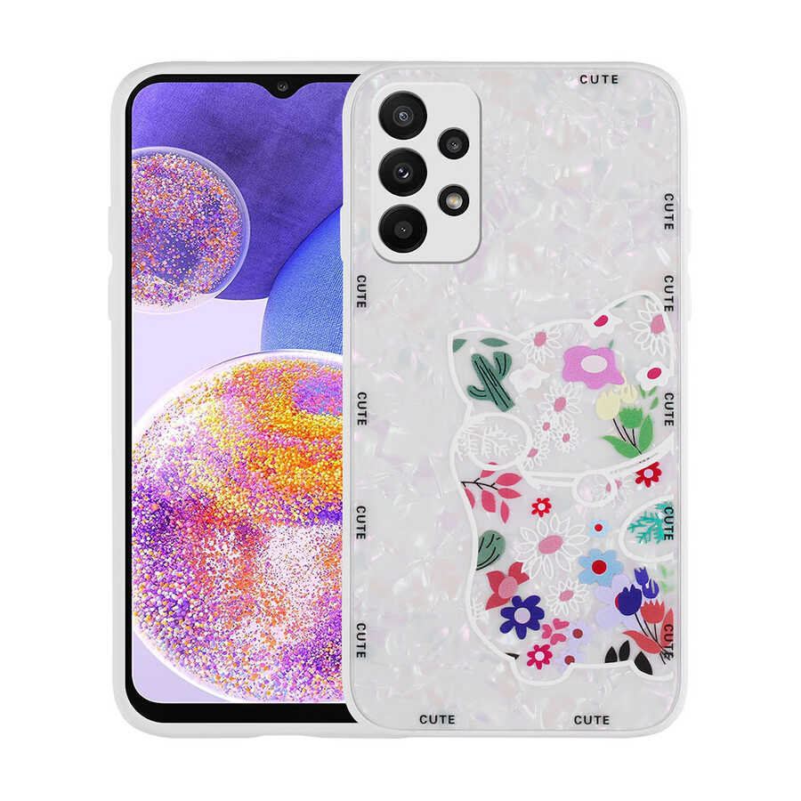 Galaxy Uyumlu A23 Kılıf Desenli Sert Silikon Zore Mumila Kapak-White cat