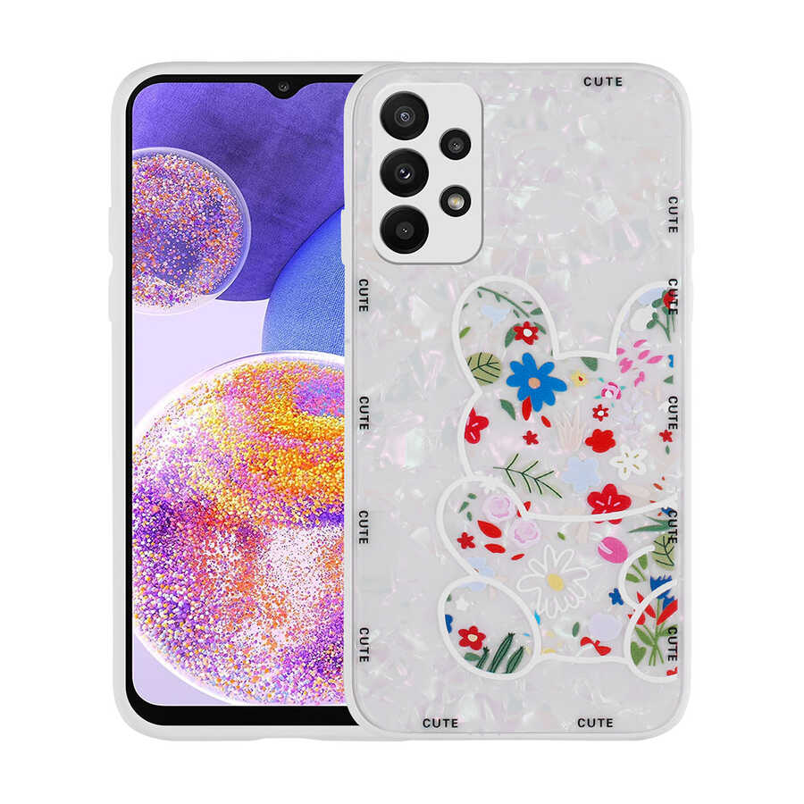 Galaxy Uyumlu A23 Kılıf Desenli Sert Silikon Zore Mumila Kapak-White rabbit