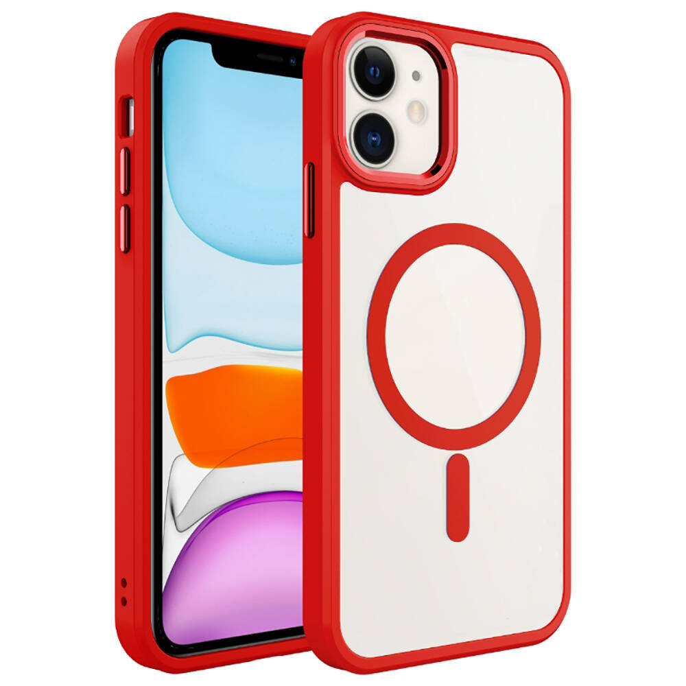 iPhone Uyumlu 12 Kılıf Wireless Şarj Özellikli Zore Krom M-safe Silikon Kapak-Kırmızı