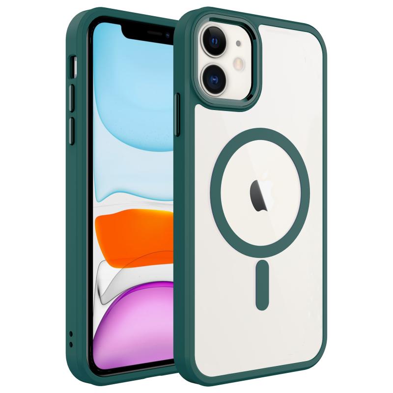 iPhone Uyumlu 12 Kılıf Wireless Şarj Özellikli Zore Krom M-safe Silikon Kapak-Koyu yeşil