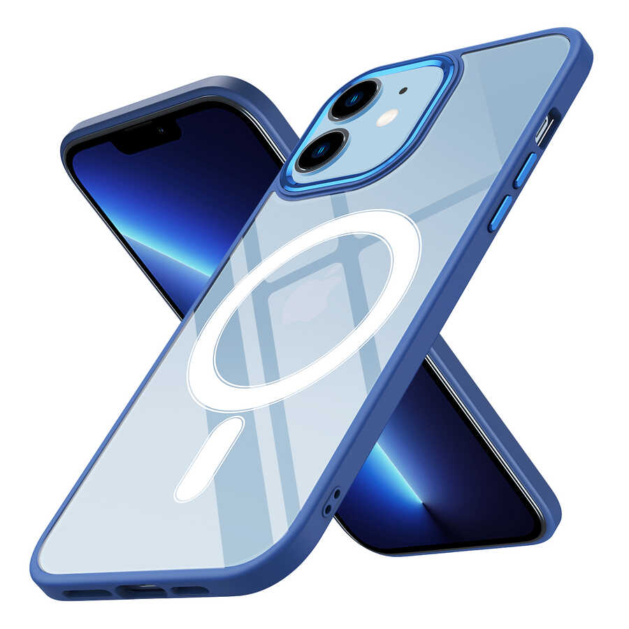 iPhone Uyumlu 12 Kılıf Wireless Şarj Özellikli Zore Krom M-safe Silikon Kapak-Lacivert