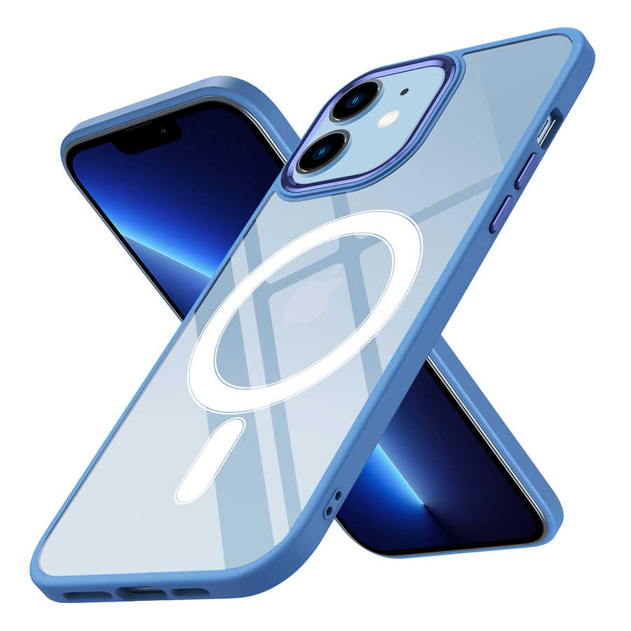 iPhone Uyumlu 12 Kılıf Wireless Şarj Özellikli Zore Krom M-safe Silikon Kapak-Mavi