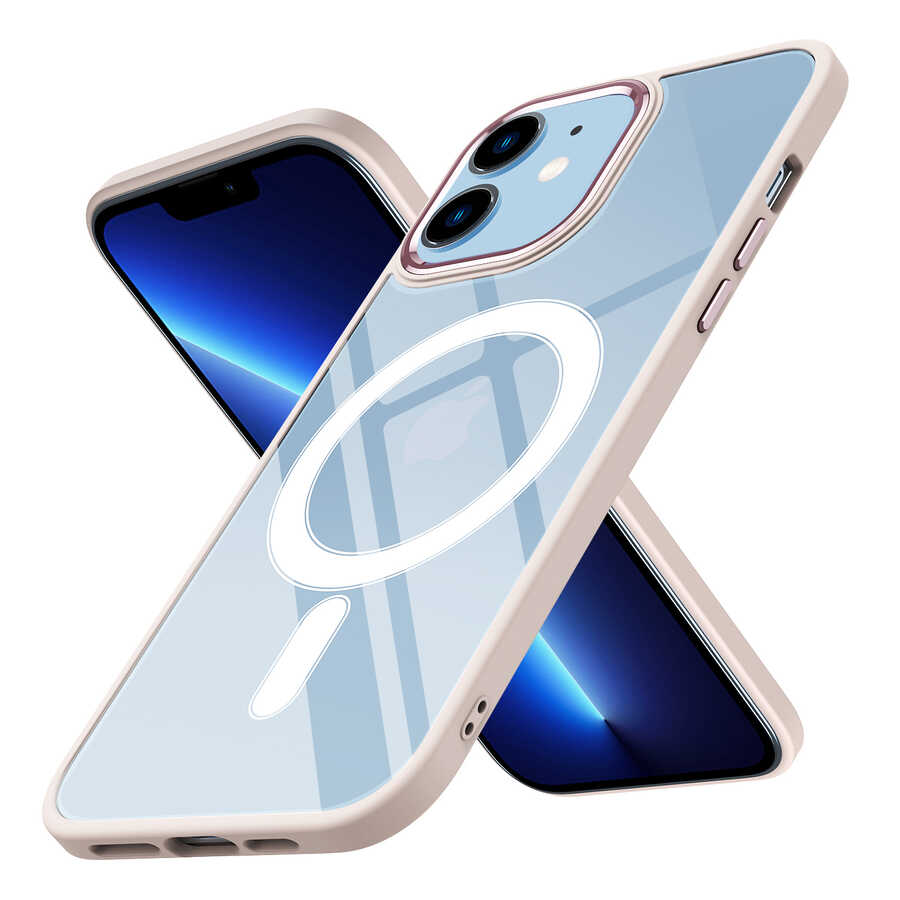 iPhone Uyumlu 12 Kılıf Wireless Şarj Özellikli Zore Krom M-safe Silikon Kapak-Pembe açık
