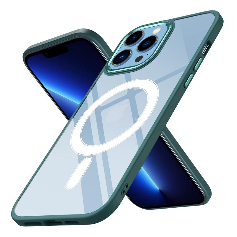 iPhone Uyumlu 12 Pro Kılıf Wireless Şarj Özellikli Zore Krom M-safe Silikon Kapak-Koyu yeşil