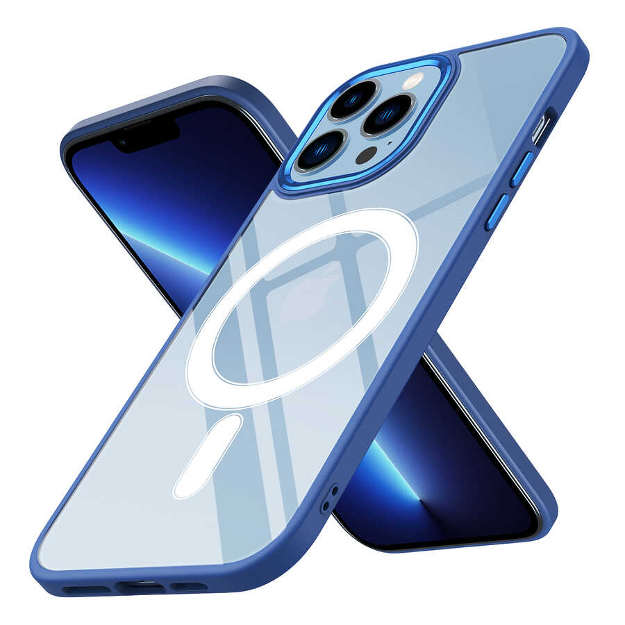 iPhone Uyumlu 12 Pro Kılıf Wireless Şarj Özellikli Zore Krom M-safe Silikon Kapak-Lacivert