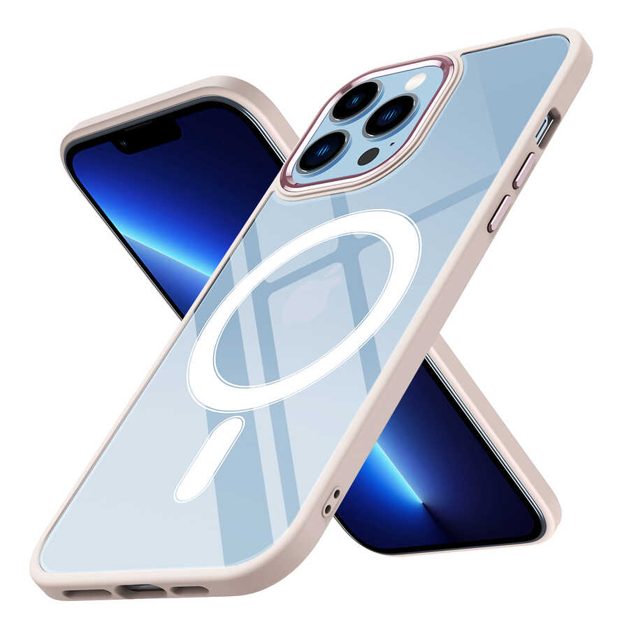 iPhone Uyumlu 12 Pro Max Kılıf Wireless Şarj Özellikli Zore Krom M-safe Silikon Kapak-Pembe açık