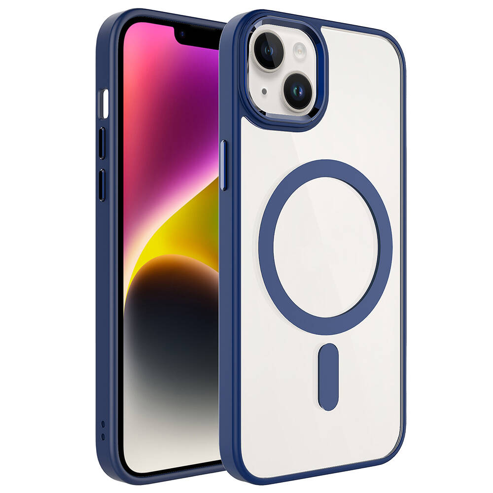 iPhone Uyumlu 13 Kılıf Wireless Şarj Özellikli Zore Krom M-safe Silikon Kapak-Lacivert