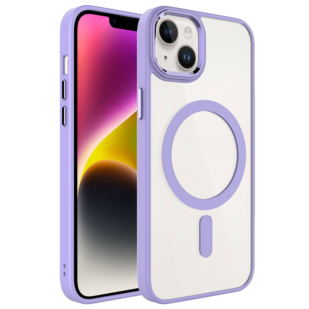 iPhone Uyumlu 13 Kılıf Wireless Şarj Özellikli Zore Krom M-safe Silikon Kapak-Lila