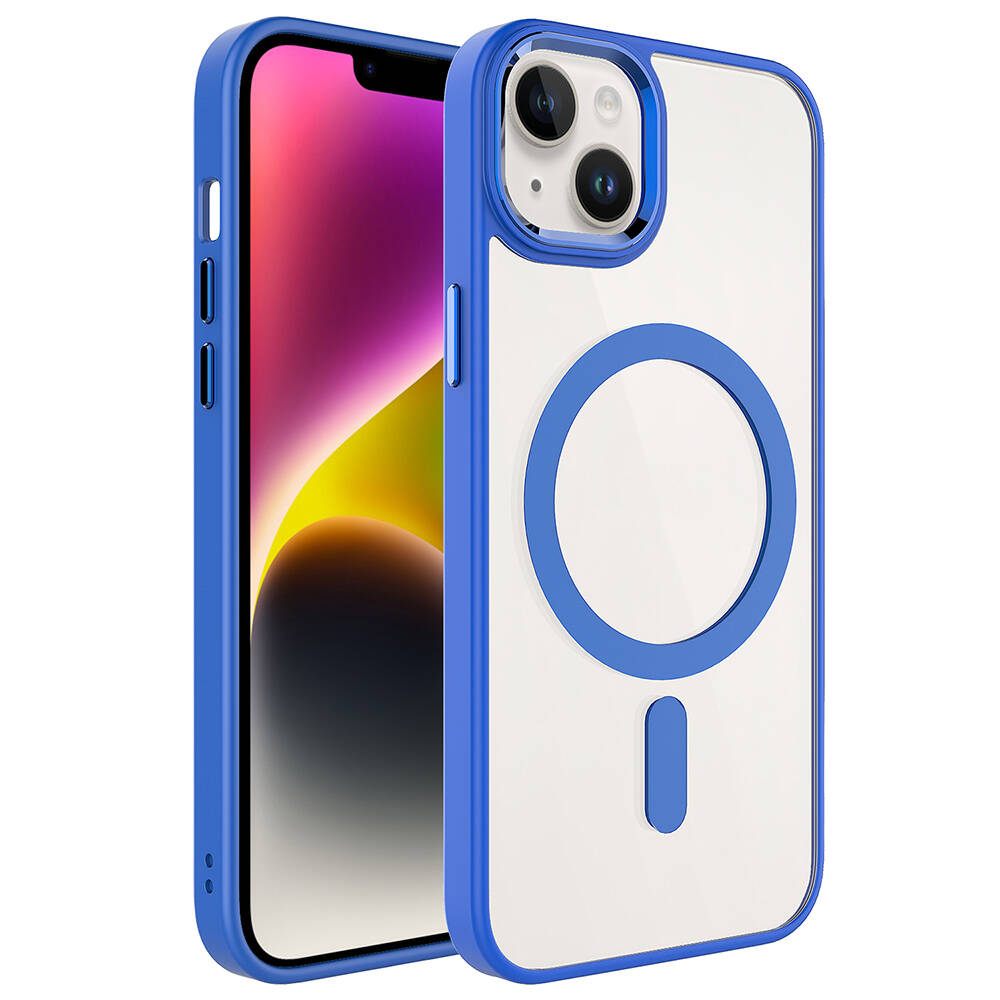 iPhone Uyumlu 13 Kılıf Wireless Şarj Özellikli Zore Krom M-safe Silikon Kapak-Mavi