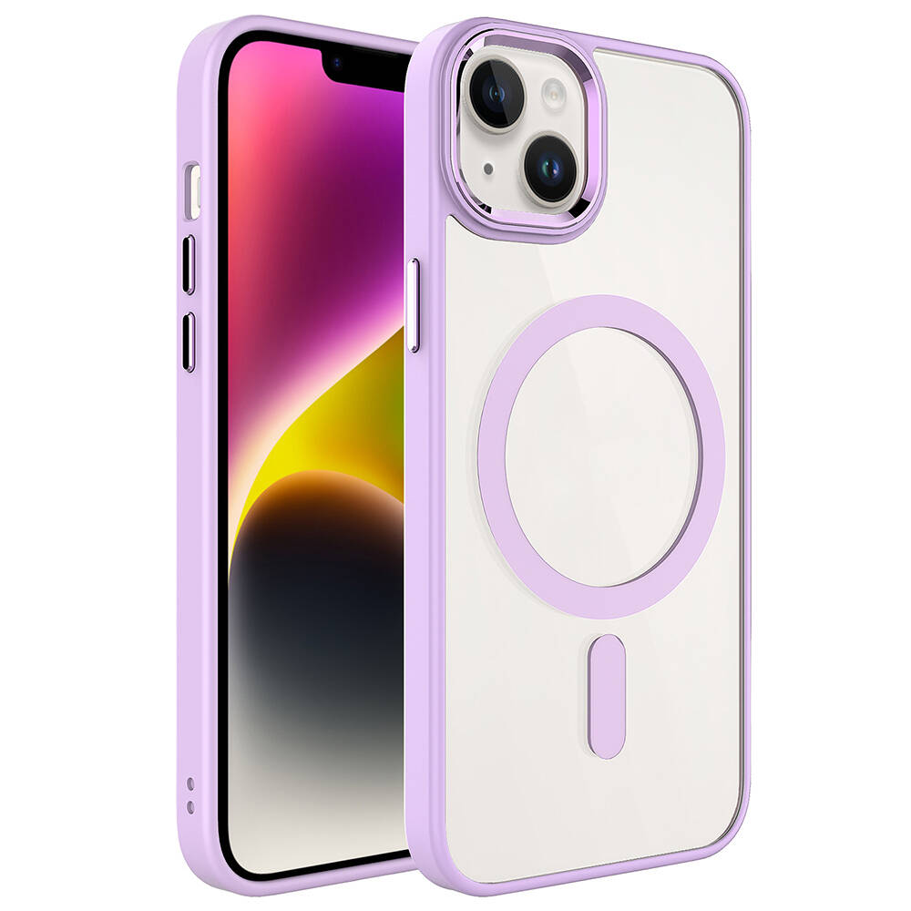 iPhone Uyumlu 13 Kılıf Wireless Şarj Özellikli Zore Krom M-safe Silikon Kapak-Pembe açık