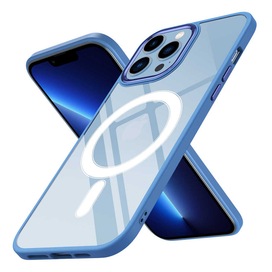 iPhone Uyumlu 13 Pro Max Kılıf Wireless Şarj Özellikli Zore Krom M-safe Silikon Kapak-Mavi