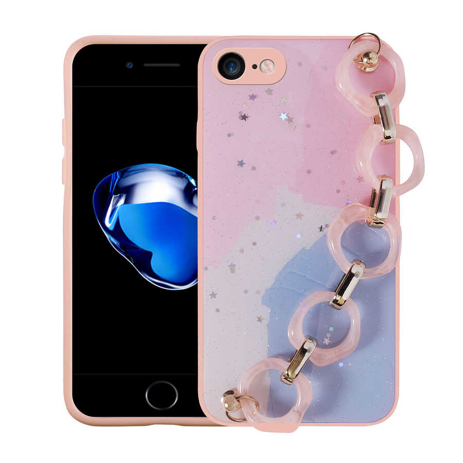 iPhone Uyumlu 8 Kılıf Simli Desenli El Askılı Tutacaklı Zore Elsa Silikon Kapak-Pembe