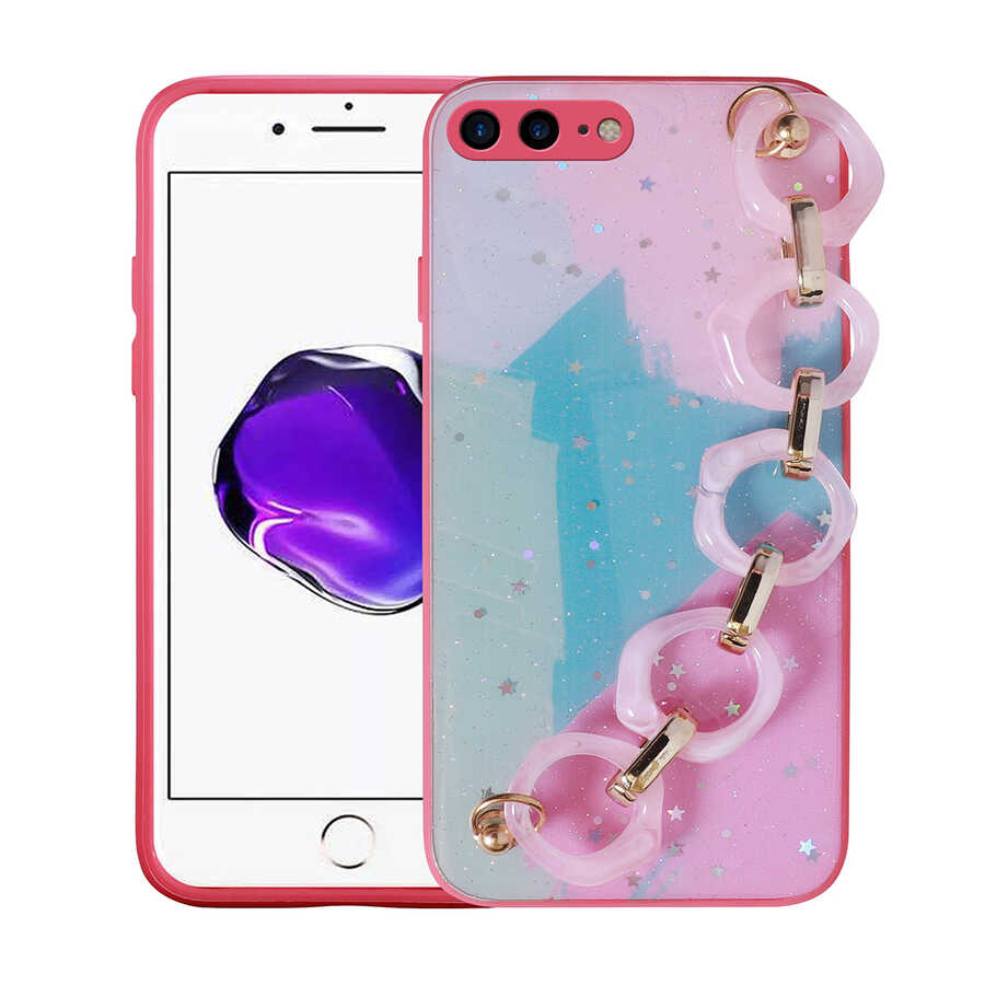 iPhone Uyumlu 7 Plus Kılıf Simli Desenli El Askılı Tutacaklı Zore Elsa Silikon Kapak-Pembe koyu