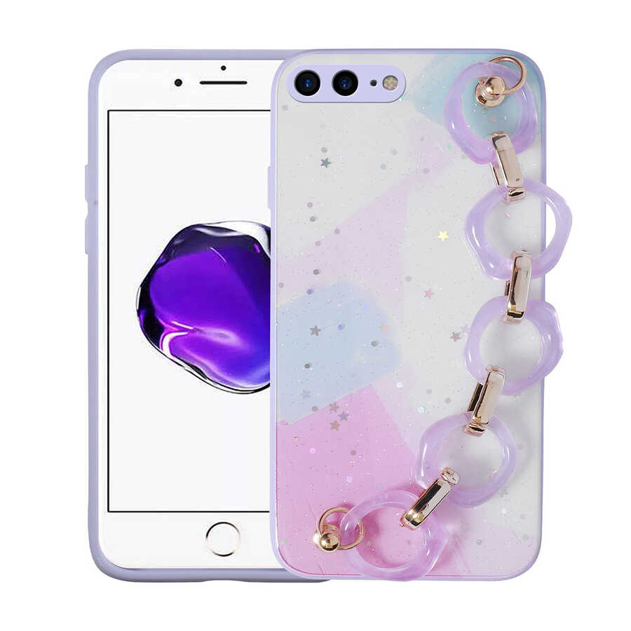 iPhone Uyumlu 8 Plus Kılıf Simli Desenli El Askılı Tutacaklı Zore Elsa Silikon Kapak-Lila