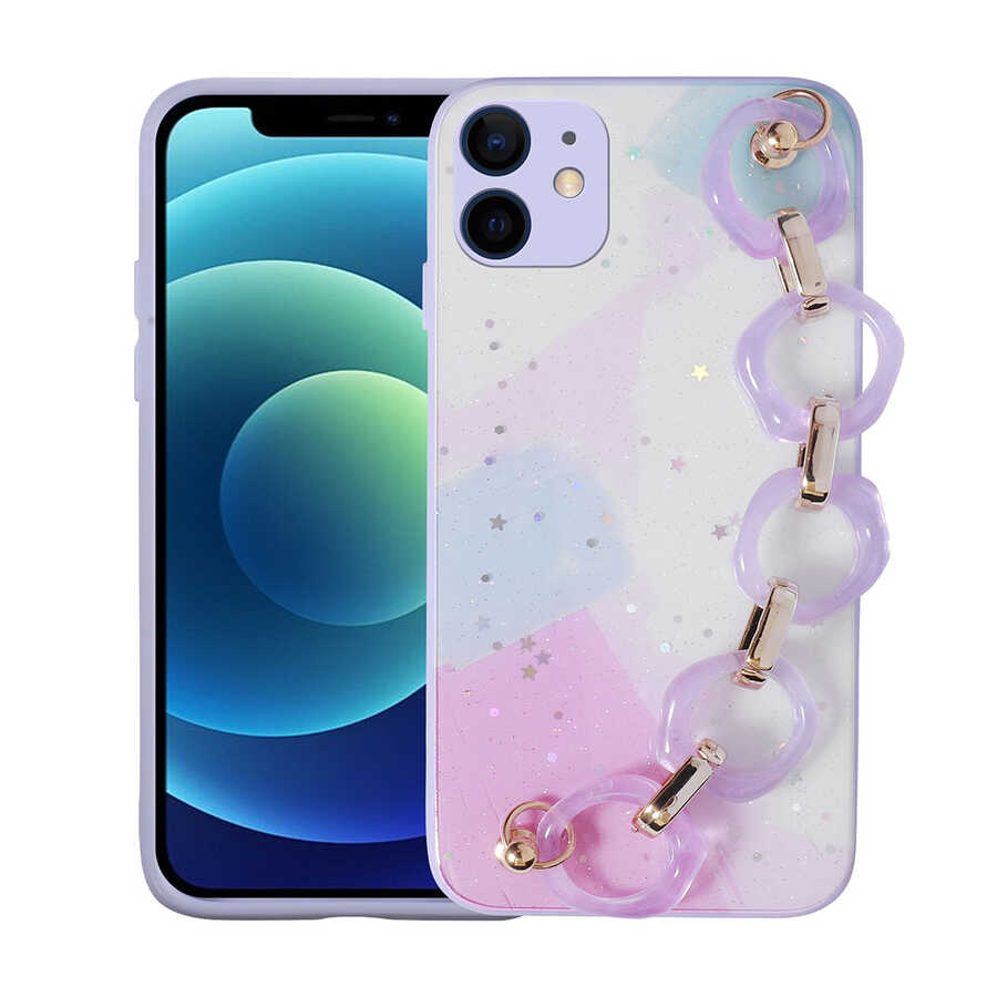 iPhone Uyumlu 11 Kılıf Simli Desenli El Askılı Tutacaklı Zore Elsa Silikon Kapak-Lila
