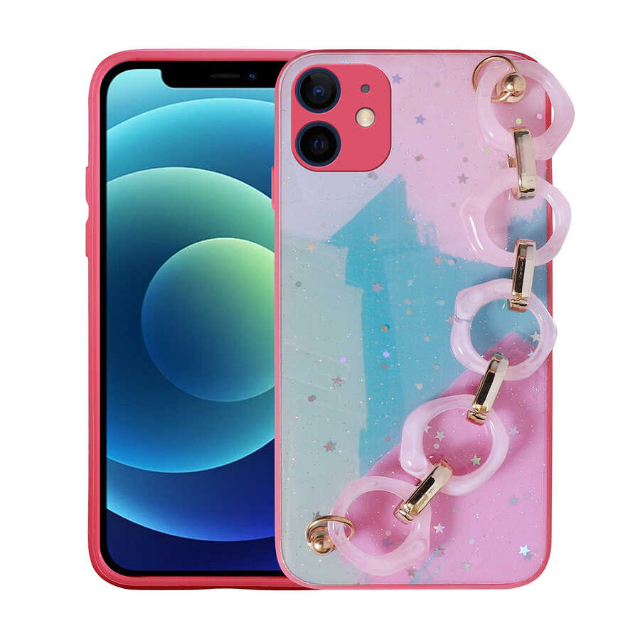 iPhone Uyumlu 11 Kılıf Simli Desenli El Askılı Tutacaklı Zore Elsa Silikon Kapak-Pembe koyu