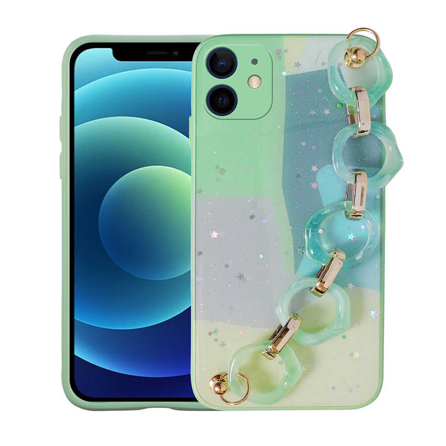 iPhone Uyumlu 11 Kılıf Simli Desenli El Askılı Tutacaklı Zore Elsa Silikon Kapak-Yeşil