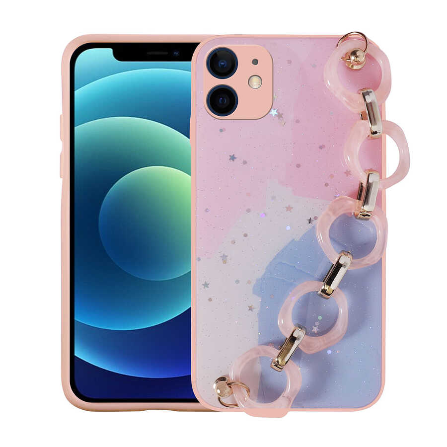 iPhone Uyumlu 12 Kılıf Simli Desenli El Askılı Tutacaklı Zore Elsa Silikon Kapak-Pembe