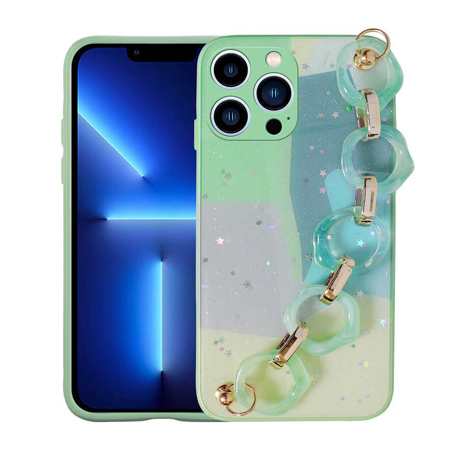 iPhone Uyumlu 12 Pro Kılıf Simli Desenli El Askılı Tutacaklı Zore Elsa Silikon Kapak-Yeşil