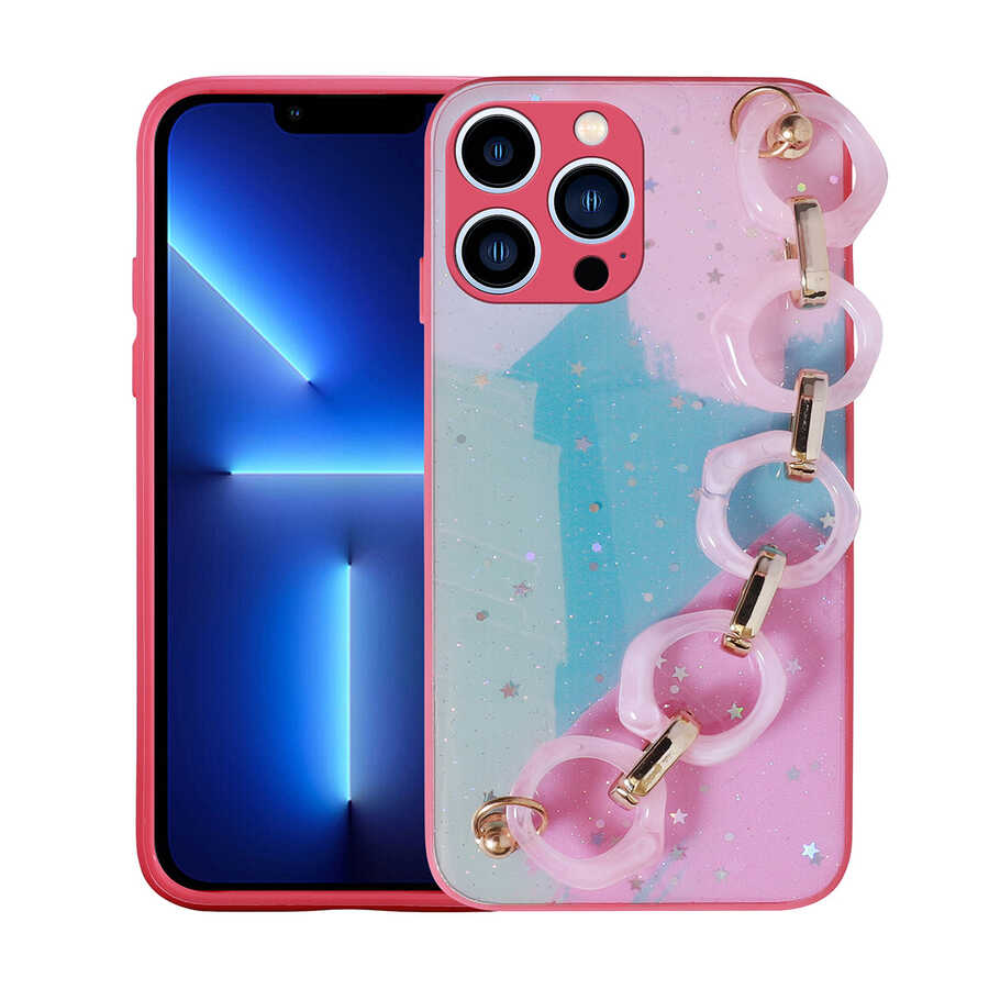 iPhone Uyumlu 12 Pro Max Kılıf Simli Desenli El Askılı Tutacaklı Zore Elsa Silikon Kapak-Pembe koyu