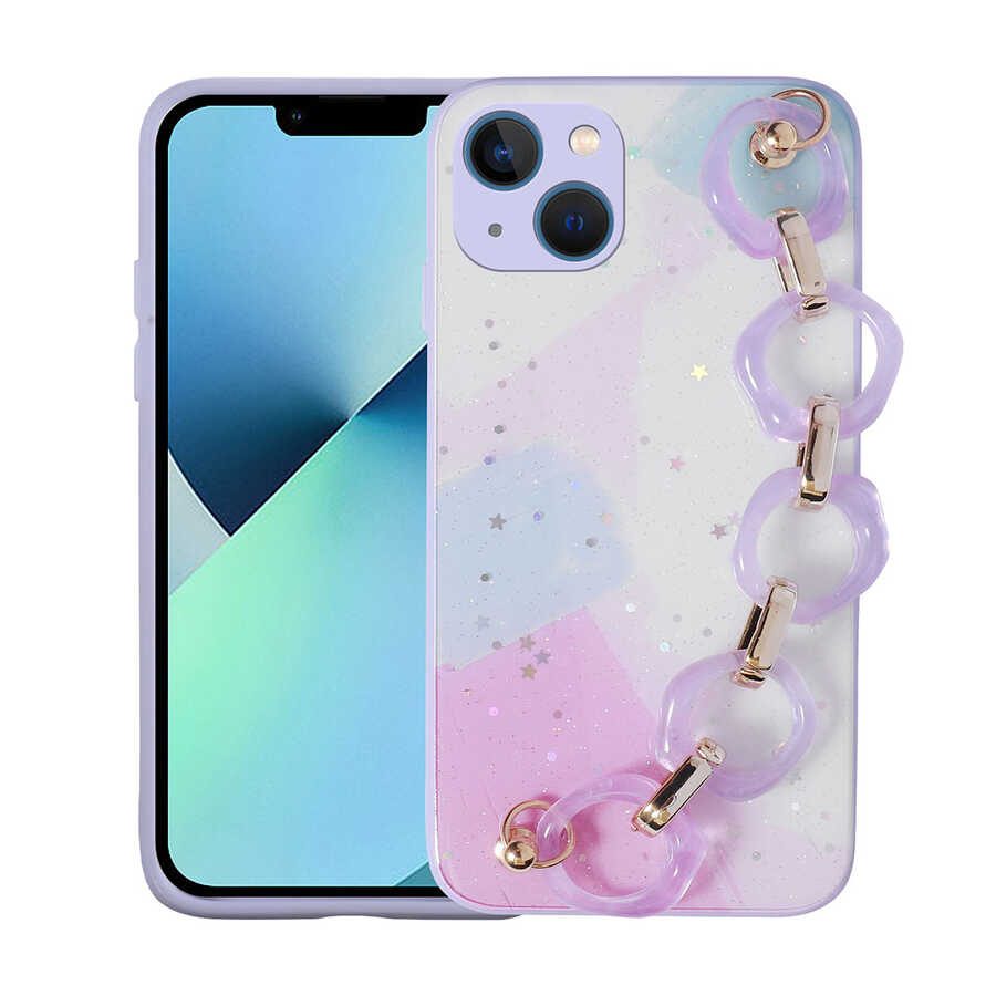 iPhone Uyumlu 13 Kılıf Simli Desenli El Askılı Tutacaklı Zore Elsa Silikon Kapak-Lila