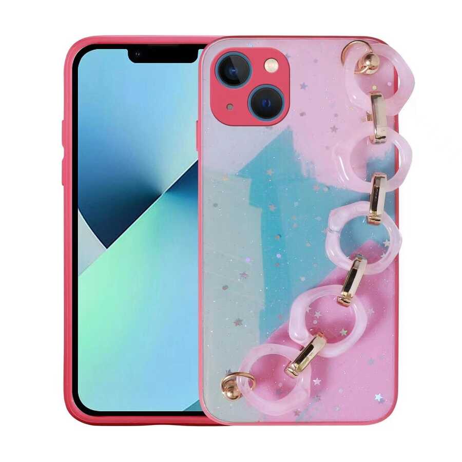 iPhone Uyumlu 13 Kılıf Simli Desenli El Askılı Tutacaklı Zore Elsa Silikon Kapak-Pembe koyu