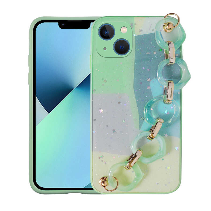 iPhone Uyumlu 13 Kılıf Simli Desenli El Askılı Tutacaklı Zore Elsa Silikon Kapak-Yeşil