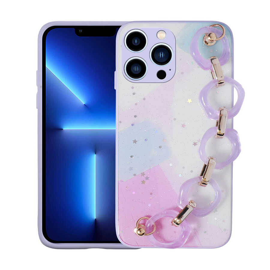 iPhone Uyumlu 13 Pro Kılıf Simli Desenli El Askılı Tutacaklı Zore Elsa Silikon Kapak-Lila