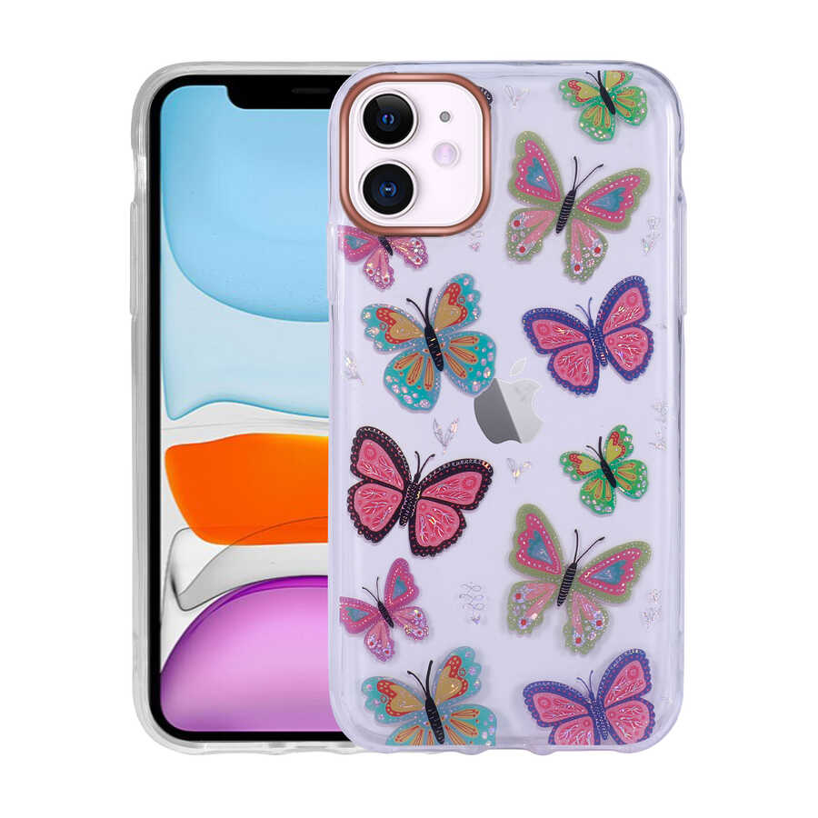 iPhone Uyumlu 11 Kılıf Desenli Simli Sert Zore İnka Kapak-No5
