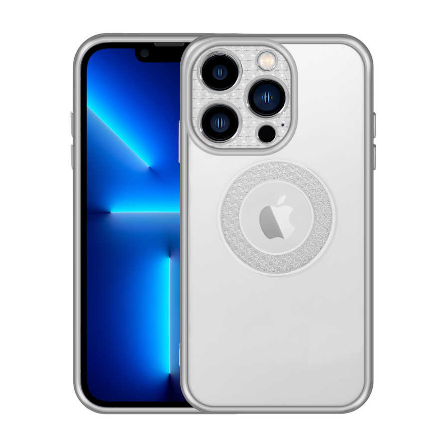 iPhone Uyumlu 13 Pro Max Kılıf Kamera Korumalı Logo Gösteren Zore Esta Kapak-Gümüş