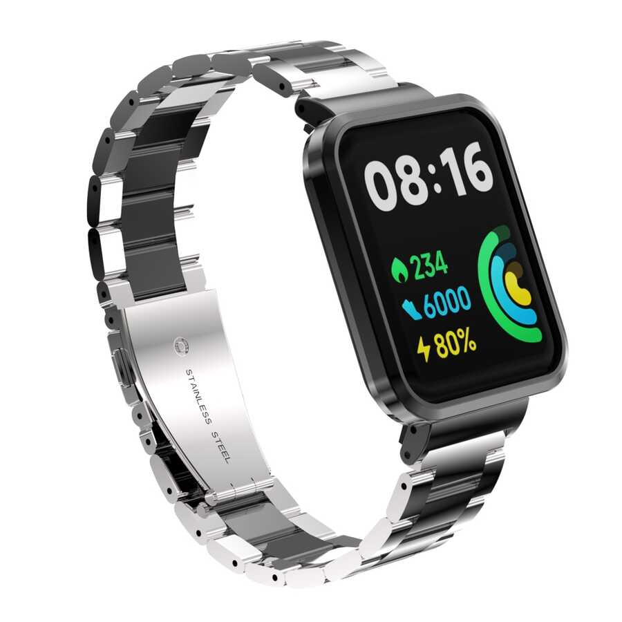 Xiaomi Uyumlu  Redmi Watch 2 Lite Zore KRD-60 Metal Kordon-Gümüş-siyah