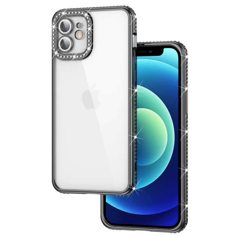 iPhone Uyumlu 11 Kılıf Kamera Korumalı Taşlı Zore Mina Kapak-Siyah