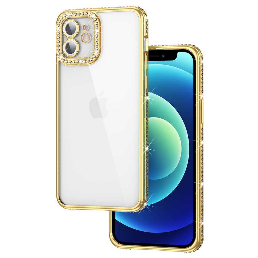 iPhone Uyumlu 12 Kılıf Kamera Korumalı Taşlı Zore Mina Kapak-Gold