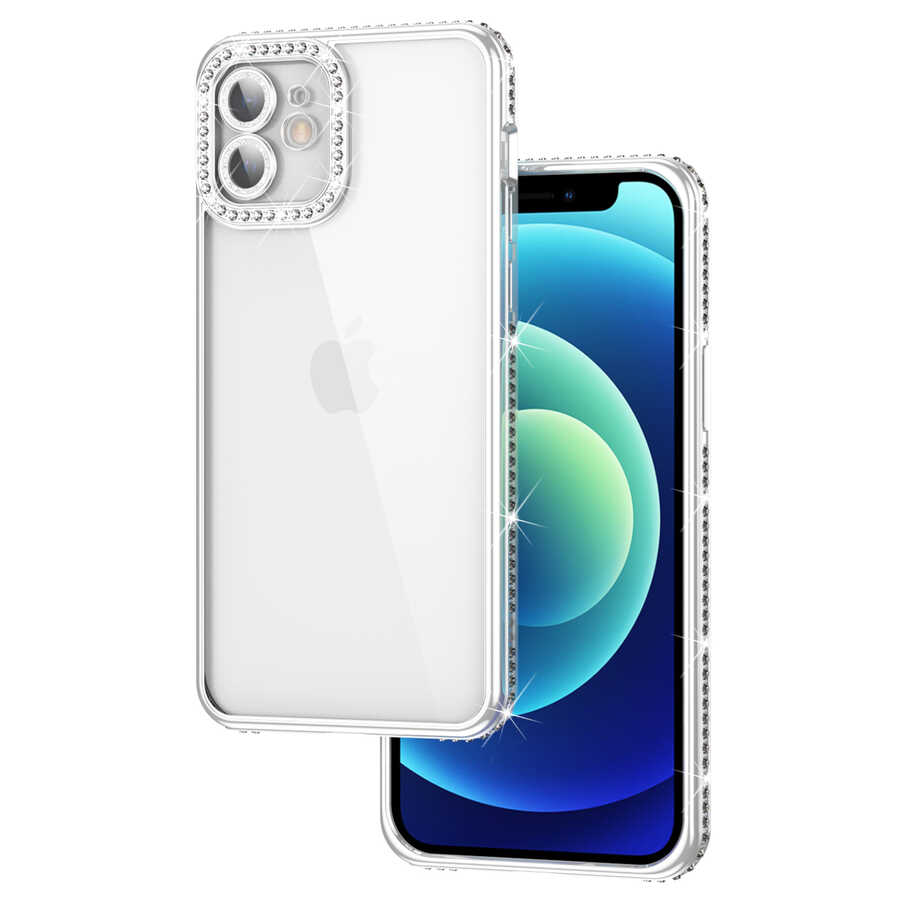 iPhone Uyumlu 12 Kılıf Kamera Korumalı Taşlı Zore Mina Kapak-Gümüş