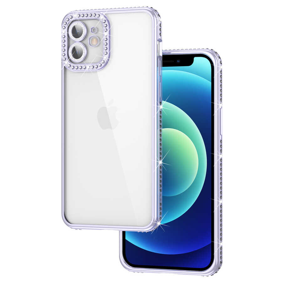 iPhone Uyumlu 12 Kılıf Kamera Korumalı Taşlı Zore Mina Kapak-Lila