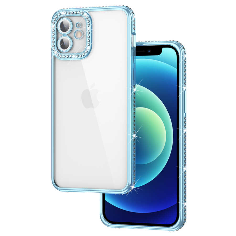 iPhone Uyumlu 12 Kılıf Kamera Korumalı Taşlı Zore Mina Kapak-Mavi