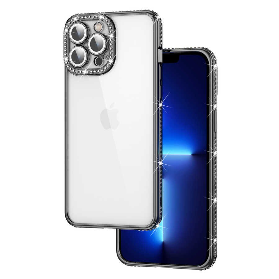 iPhone Uyumlu 12 Pro Kılıf Kamera Korumalı Taşlı Zore Mina Kapak-Siyah