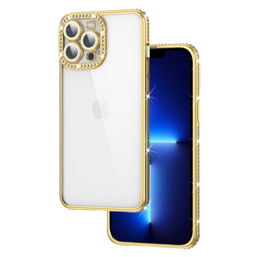 iPhone Uyumlu 12 Pro Max Kılıf Kamera Korumalı Taşlı Zore Mina Kapak-Gold
