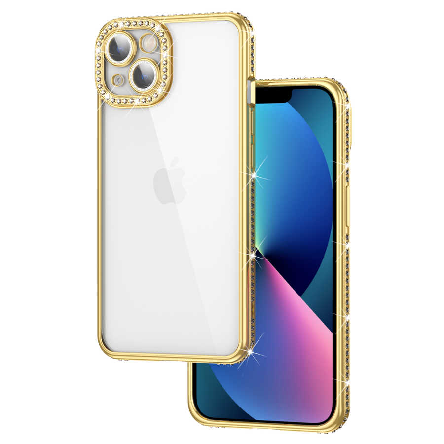 iPhone Uyumlu 13 Kılıf Kamera Korumalı Taşlı Zore Mina Kapak-Gold