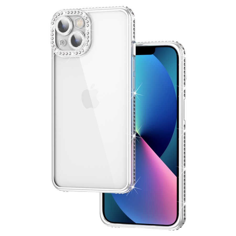 iPhone Uyumlu 13 Kılıf Kamera Korumalı Taşlı Zore Mina Kapak-Gümüş