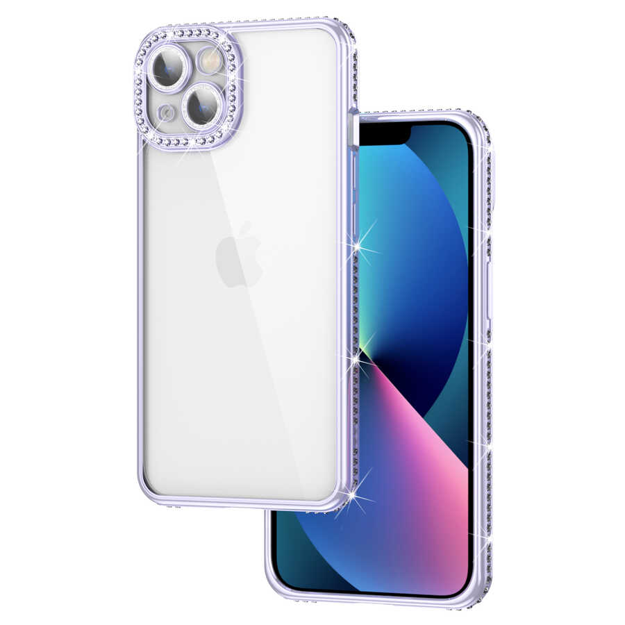 iPhone Uyumlu 13 Kılıf Kamera Korumalı Taşlı Zore Mina Kapak-Lila