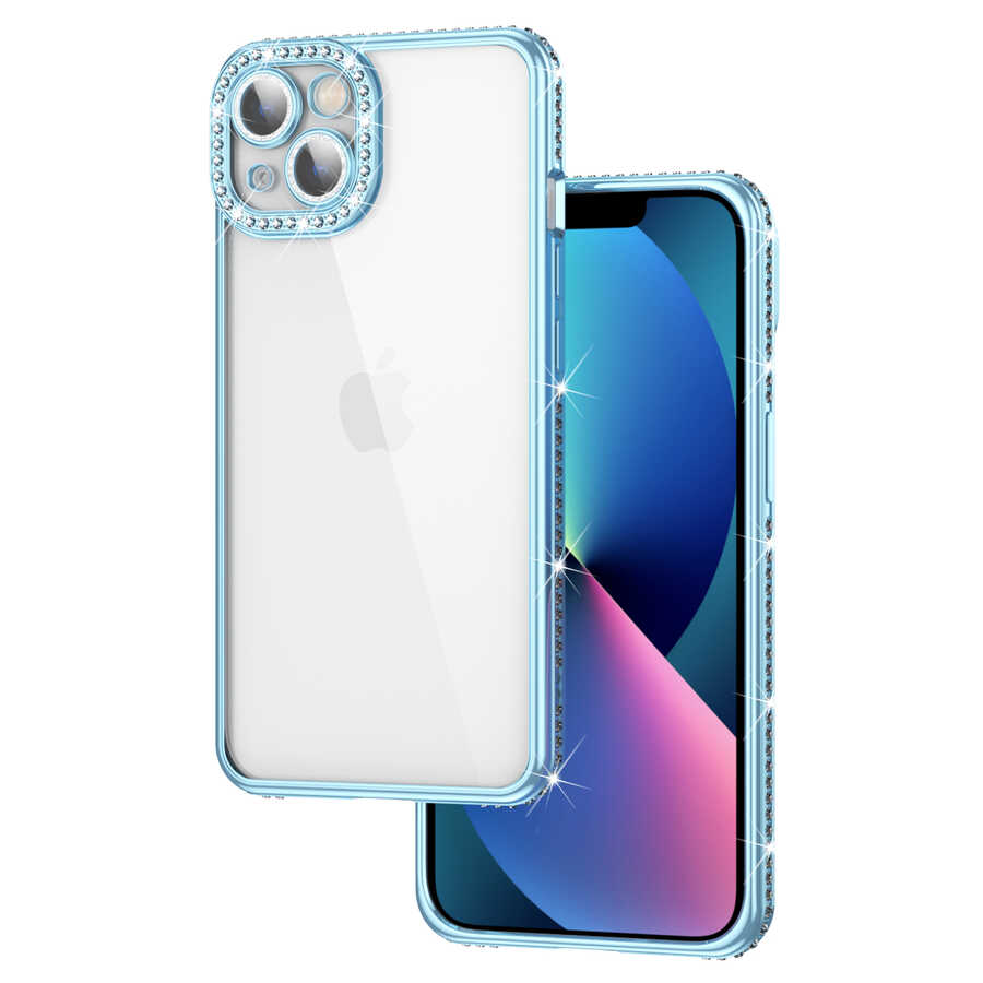 iPhone Uyumlu 13 Kılıf Kamera Korumalı Taşlı Zore Mina Kapak-Mavi