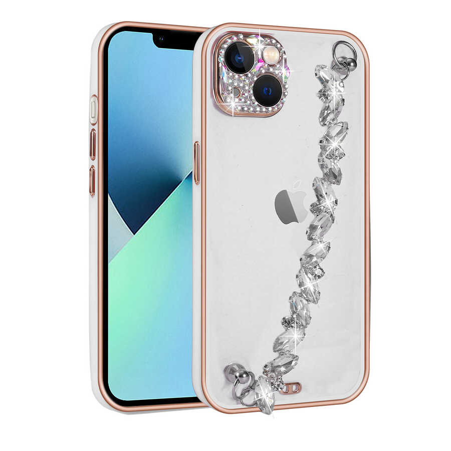 iPhone Uyumlu 13 Kılıf Taş Süslemeli Kamera Korumalı El Tutamaçlı Zore Blazer Kapak-Beyaz
