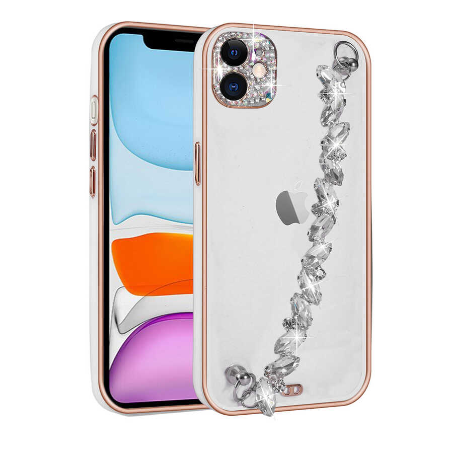 iPhone Uyumlu 12 Kılıf Taş Süslemeli Kamera Korumalı El Tutamaçlı Zore Blazer Kapak-Beyaz