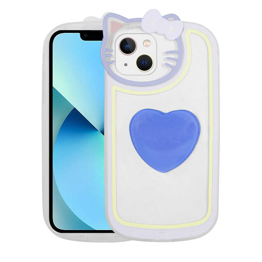 iPhone Uyumlu 13 Kılıf Kedi Figürlü Transparan Pop Soketli Zore Ritmik Kapak-Mavi