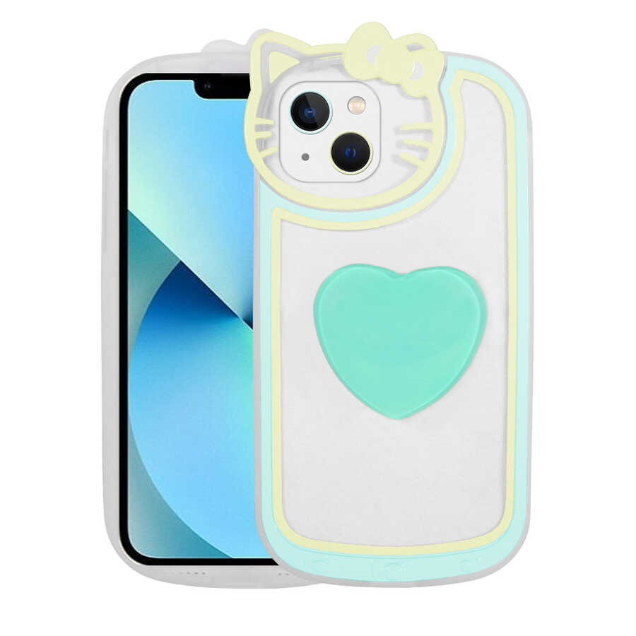 iPhone Uyumlu 13 Kılıf Kedi Figürlü Transparan Pop Soketli Zore Ritmik Kapak-Turkuaz