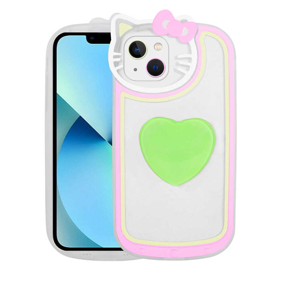 iPhone Uyumlu 13 Kılıf Kedi Figürlü Transparan Pop Soketli Zore Ritmik Kapak-Yeşil